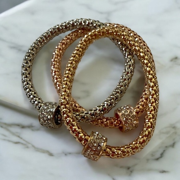 Jewelry - Luxury Mesh Crystal Bracelet Set - 3 Piece Tri-Color Rhinestone Stretch Bangles
